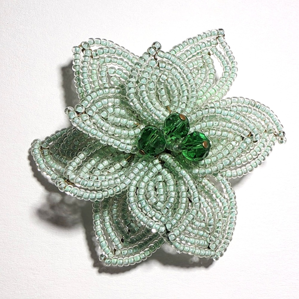 Vintage Japan Handmade Seed Beaded 3D Layered Flower Floral Brooch Pin Green